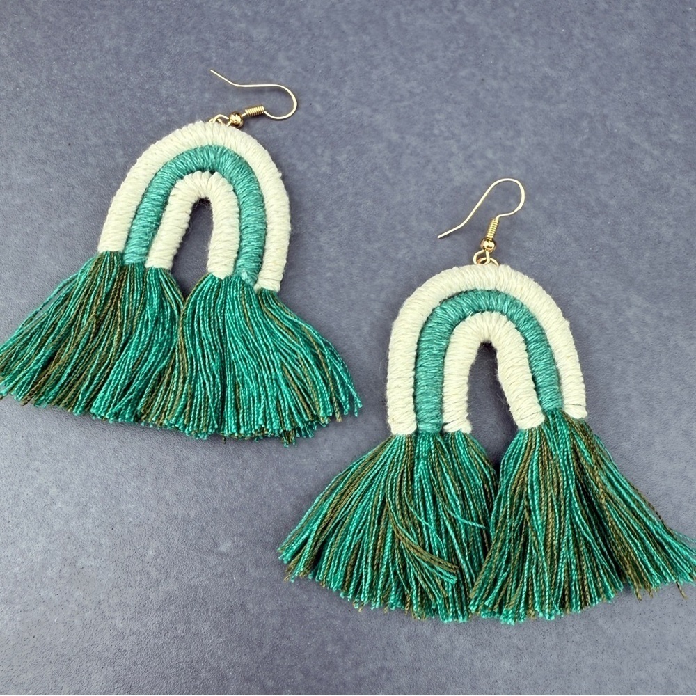 Macrame Woven Rainbow Tassel Earrings in Teal Green and White - NWT